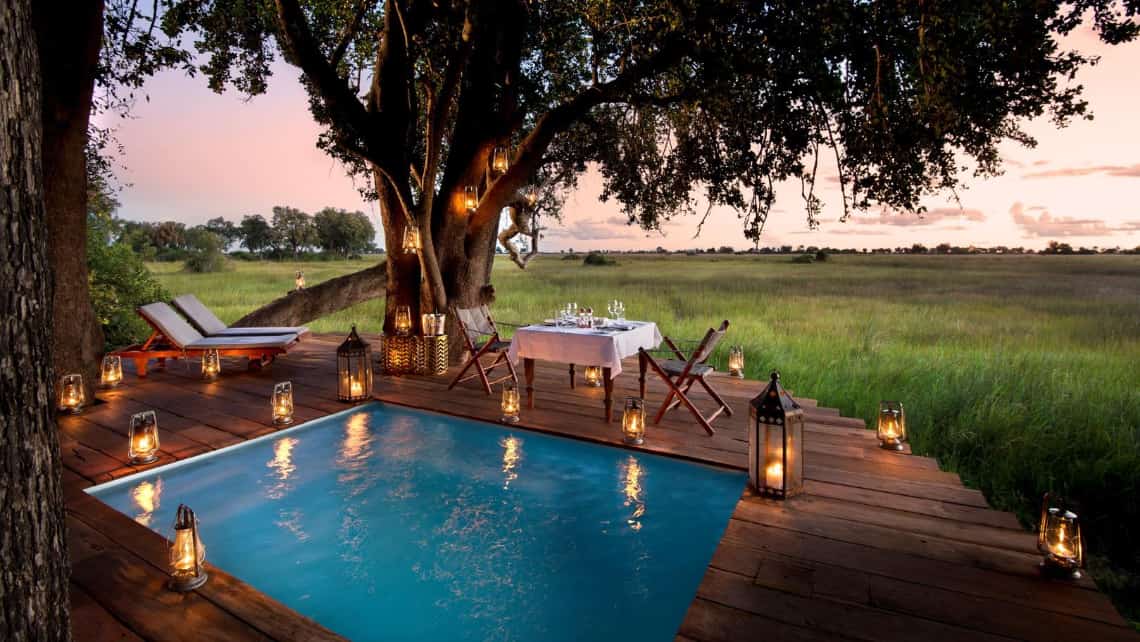 Sonnenuntergang vom Aussichtsdeck des Camp Jao im Okavango Delta