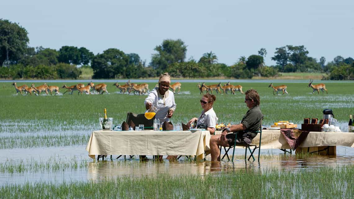 Frühstück im wasser der Lagune vor dem Jao Camp im Okavango Delta